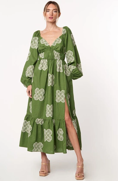 Shop Ciebon Serbita Medallion Embroidery Long Sleeve Cotton & Linen Midi Dress In Green