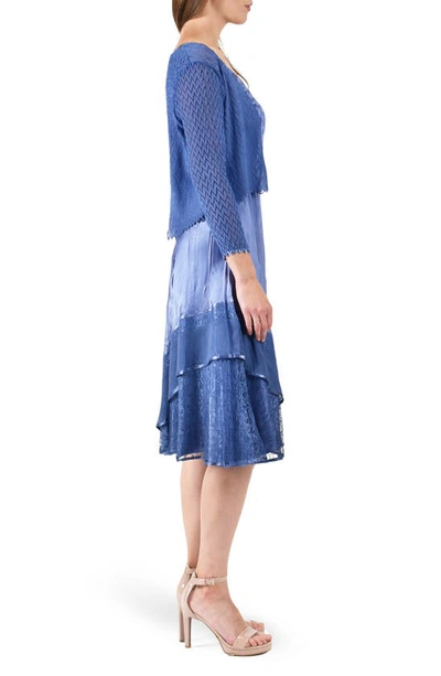Shop Komarov Lace Trim Charmeuse & Chiffon Tiered Dress With Jacket In Fregatta Blue Ombre