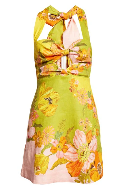 Shop Alemais Silas Floral Print Linen Halter Minidress In Multi Green