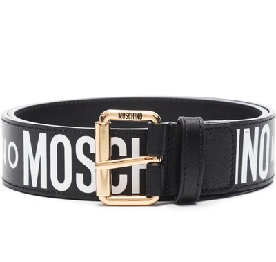 Shop Moschino All Over Logo Leather Belt In Black