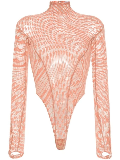 Mugler Star-print Mesh Bodysuit In Dark Blush/nude