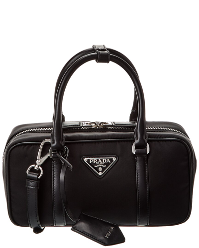 Shop Prada Logo Nylon & Leather Shoulder Bag In Black