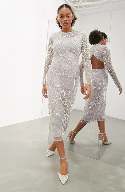 Shop Asos Design Imitation Pearl & Crystal Long Sleeve Midi Dress In Grey