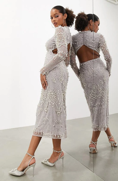 Shop Asos Design Imitation Pearl & Crystal Long Sleeve Midi Dress In Grey