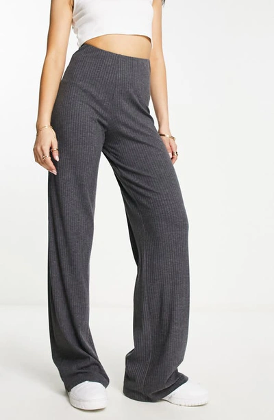 Shop Asos Design Pull-on Rib Knit Dad Pants In Charcoal