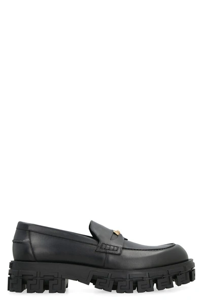 Shop Versace Leather Loafers In Black