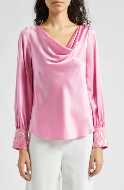 Shop Cinq À Sept Taylee Sequin Cuff Satin Top In Primrose