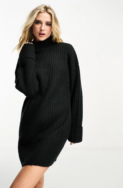 Shop Asos Design Mock Neck Rib Mini Sweater Dress In Black