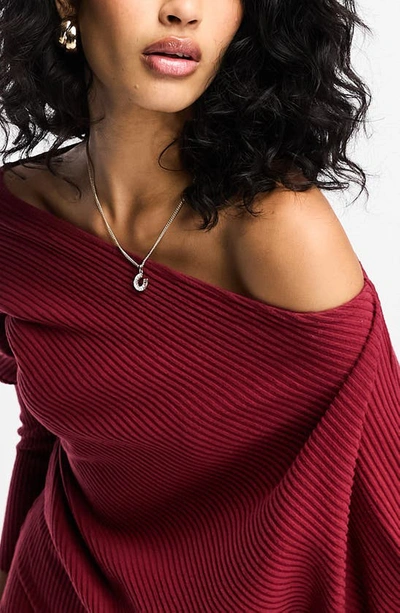 Shop Asos Design One-shoulder Long Sleeve Rib Minidress In Burgundy