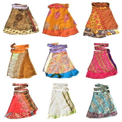 Pre-owned Vintage Indian Handmade 2 Layer Magic Wrap Beach Mini Silk Skirts Bohemian 100 Pcs Maxi In Multicolor