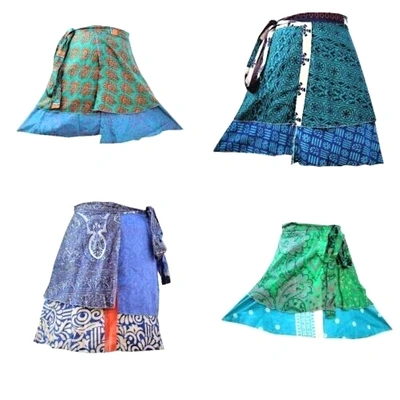 Pre-owned Vintage Indian Handmade 2 Layer Magic Wrap Beach Mini Silk Skirts Bohemian 100 Pcs Maxi In Multicolor