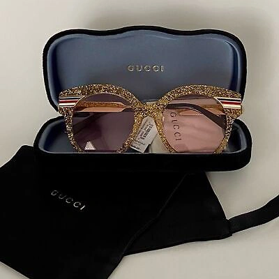 Pre-owned Gucci Authentic  Gold Glitter Gg Logo Sunglasses Strips In Pink