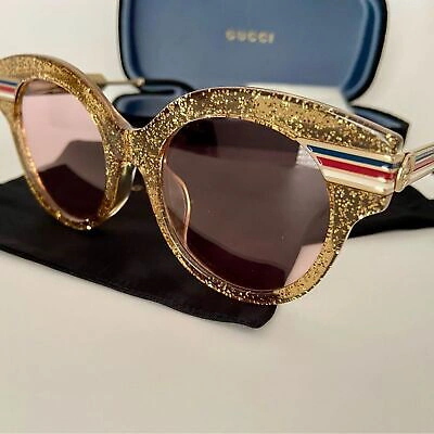 Pre-owned Gucci Authentic  Gold Glitter Gg Logo Sunglasses Strips In Pink