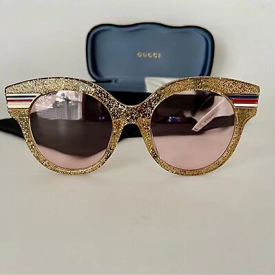 Pre-owned Gucci Authentic  Gold Glitter Gg Logo Sunglasses Strips In Pink