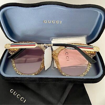 Pre-owned Gucci Authentic  Gold Glitter Gg Logo Sunglasses Strips In Pink