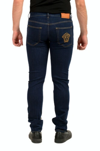 Pre-owned Versace Men's Blue Taylor Fit 5 Pockets Logo Embroidery Straight Leg Jeans