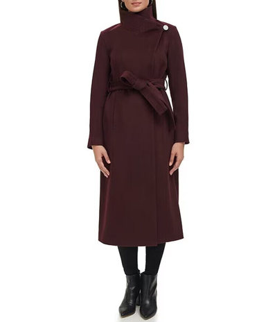 Pre-owned Kenneth Cole Belted Wool Blend Wrap Coat In Burgundy In Red