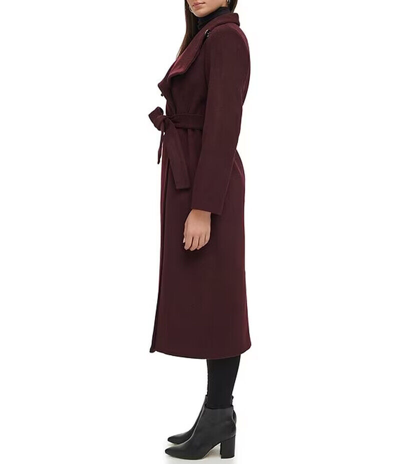 Pre-owned Kenneth Cole Belted Wool Blend Wrap Coat In Burgundy In Red