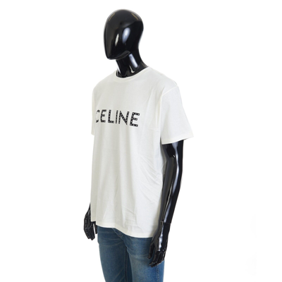 Pre-owned Celine 750$ T-shirt With Rhinestone-studded Logo Print In White Cotton Jersey