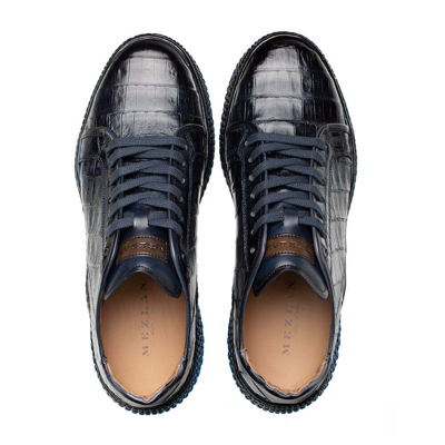 Pre-owned Mezlan Genuine Crocodile Leather Sport Sneaker Shoes Waffle Sole Blue Black