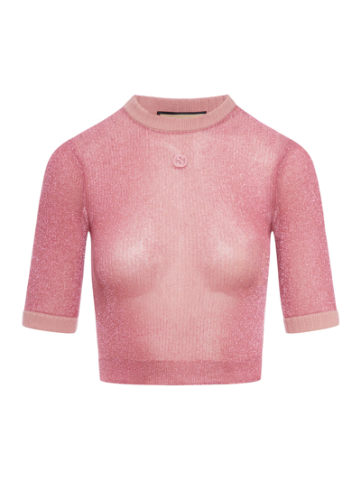 Shop Gucci Women Lamé Knit Top With Interlocking G In Pink