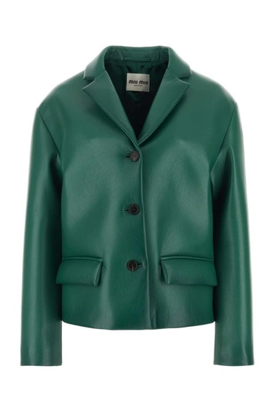 Shop Miu Miu Woman Emerald Green Nappa Leather Jacket