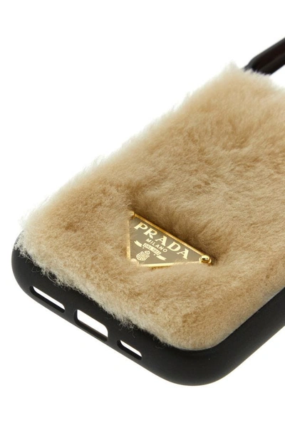 Shop Prada Woman Sand Shearling Iphone 14 Pro Cover In Brown