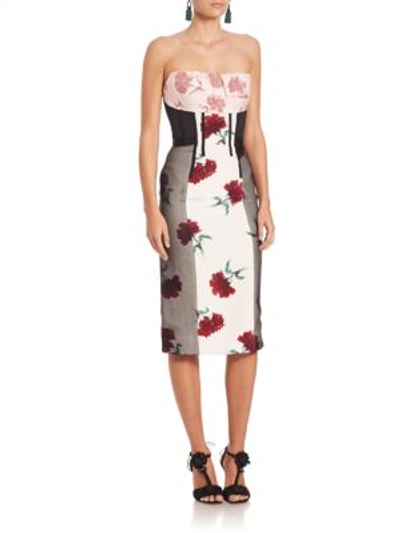Oscar De La Renta Strapless Silk Floral-print Dress In Ruby