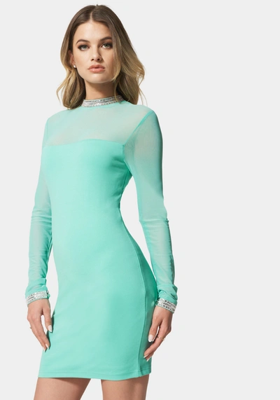 Bebe Embellished Mesh Dress In Beach Glass