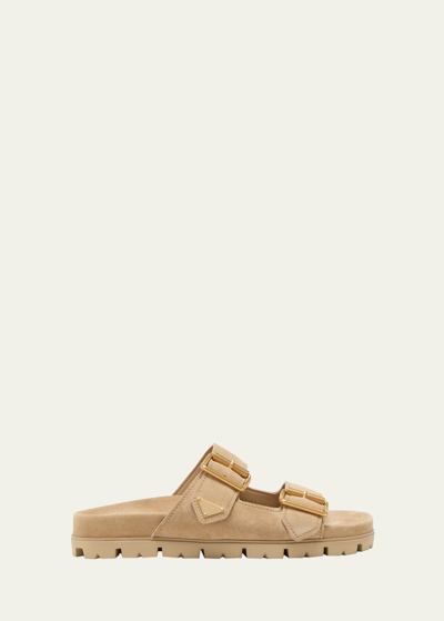 Shop Prada Suede Double-buckle Slide Sandals In Ecru