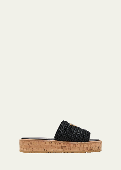 Shop Prada Raffia Cork Flatform Slide Sandals In Nero