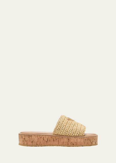 Shop Prada Raffia Cork Flatform Slide Sandals In Naturale