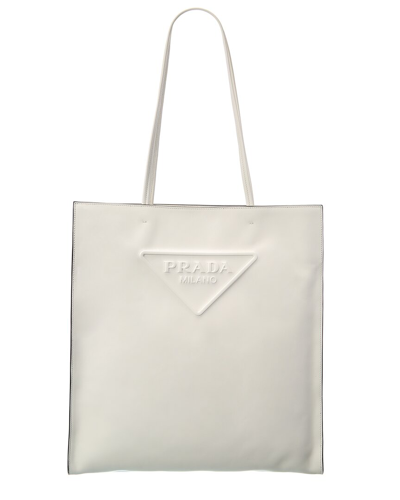 Shop Prada Logo Leather Tote In White