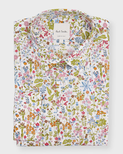 Shop Paul Smith Men's Floral-print Cotton Dress Shirt In 92 White
