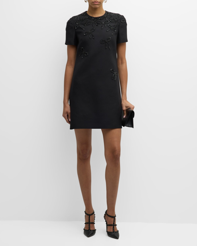 Shop Valentino Embroidered Falling Bow Short-sleeve Mini Dress In Black