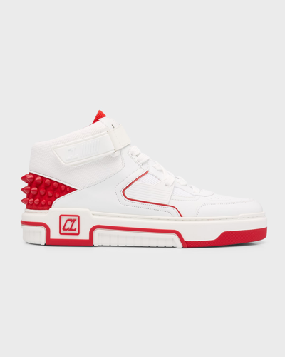 Shop Christian Louboutin Men's Astroloubi Leather And Textile Mid-top Sneakers In White/loubi