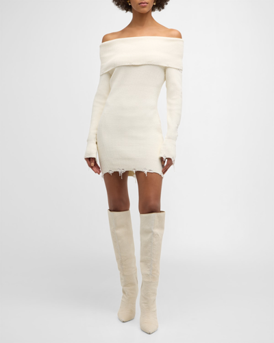 Shop Ser.o.ya Everleigh Distressed Off-the-shoulder Sweater Dress In Winter White