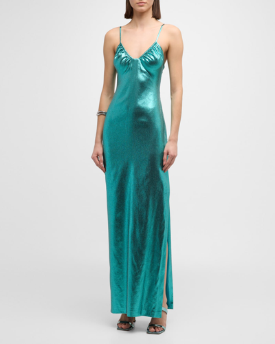 Shop Liv Foster Sleeveless Scoop-neck Lame Column Maxi Dress In Jade