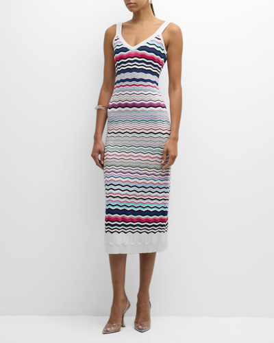 Shop Missoni V-neck Chevron Knit Sleeveless Sheath Midi Dress In Sm92r-blkltbluros