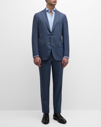 Shop Isaia Men's Plaid Wool Suit In Medium Blue