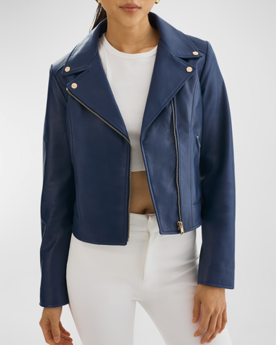 Shop Lamarque Kelsey Leather Moto Jacket In Aegean Blue