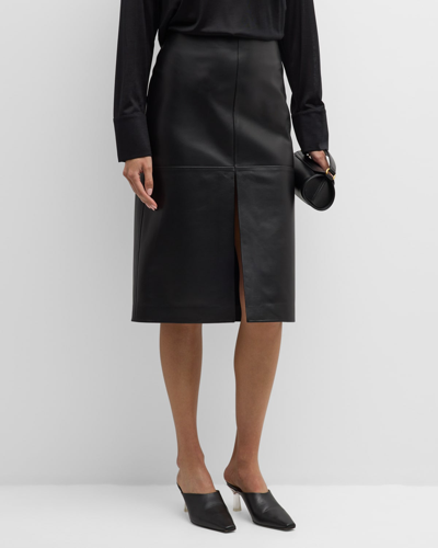 Shop Fabiana Filippi Straight Lambskin Leather Midi Skirt In Nero
