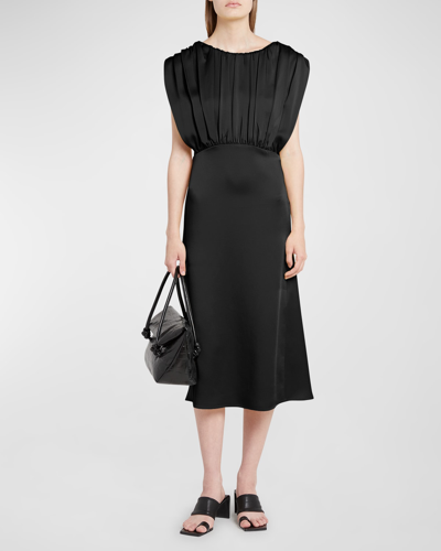 Shop Jil Sander Satin Midi Dress With Pleating In Black