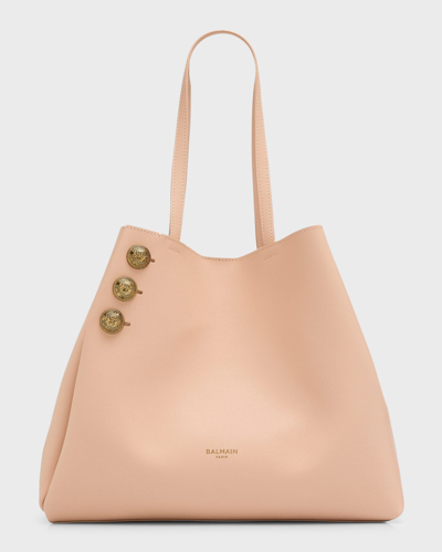 Shop Balmain Embleme Leather Shopping Tote Bag In Nude Pink