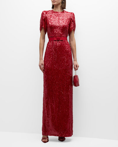 Shop Erdem Short-sleeve Bow-belted Sequin Column Gown In Ruby Red