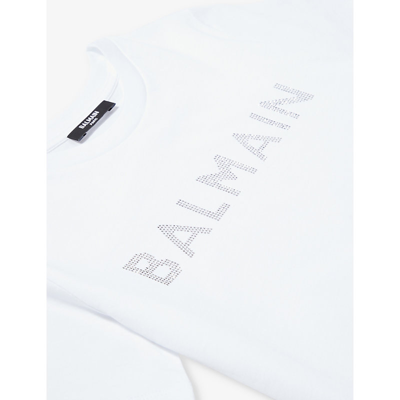 Shop Balmain Logo Rhinestone-embellished Cotton-jersey T-shirt 6-13 Years In White/silver