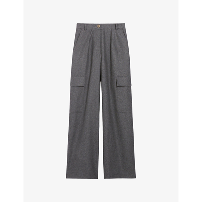 Shop Claudie Pierlot Women's Noir / Gris Loose Wide-leg Mid-rise Wool-blend Trousers