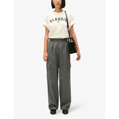 Shop Claudie Pierlot Womens Noir / Gris Loose Wide-leg Mid-rise Wool-blend Trousers