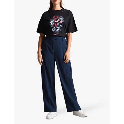 Shop Ted Baker Riccio Cargo Wide-leg High-rise Woven Trousers In Navy