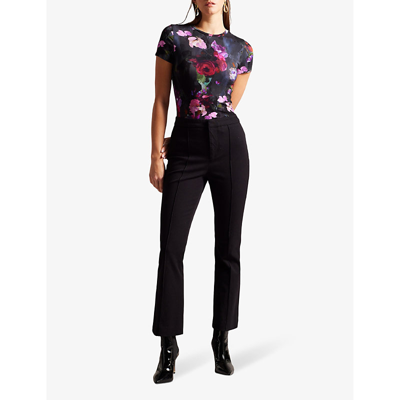 Shop Ted Baker Women's Black Printed Floral-print Fitted Stretch-woven T-shirt